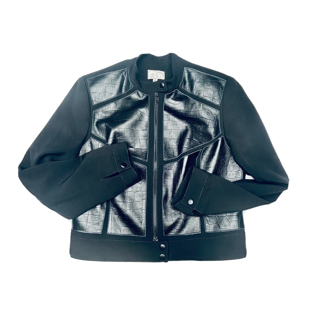 Alberto Makali Womens Black Croc Faux Leather Mixed Media Jacket Size 12